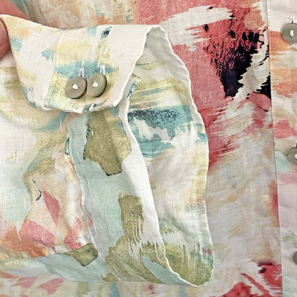 Chicos 1 Womens 8/M Linen Watercolor Art Button Shirt 3/4 Sleeve Resort Coastal - Picture 11 of 16